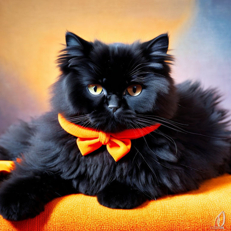 Fluffy Black Cat with Yellow Eyes and Orange Bow Tie on Colorful Background