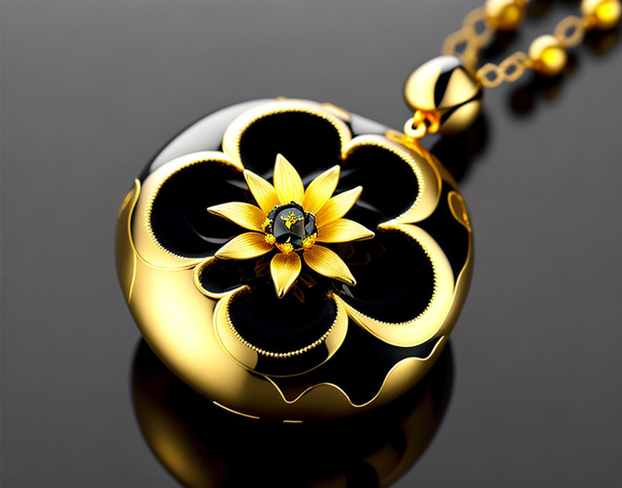 Black and Gold Flower Pendant with Gemstone on Reflective Surface