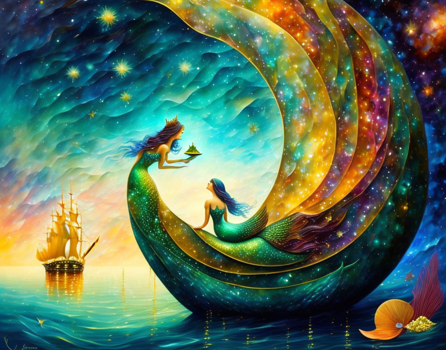 Fantastical painting of two mermaids under a starry sky