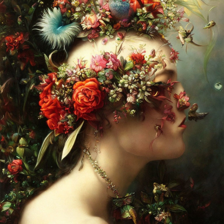 Portrait of a person with intricate floral headpiece evoking serene beauty