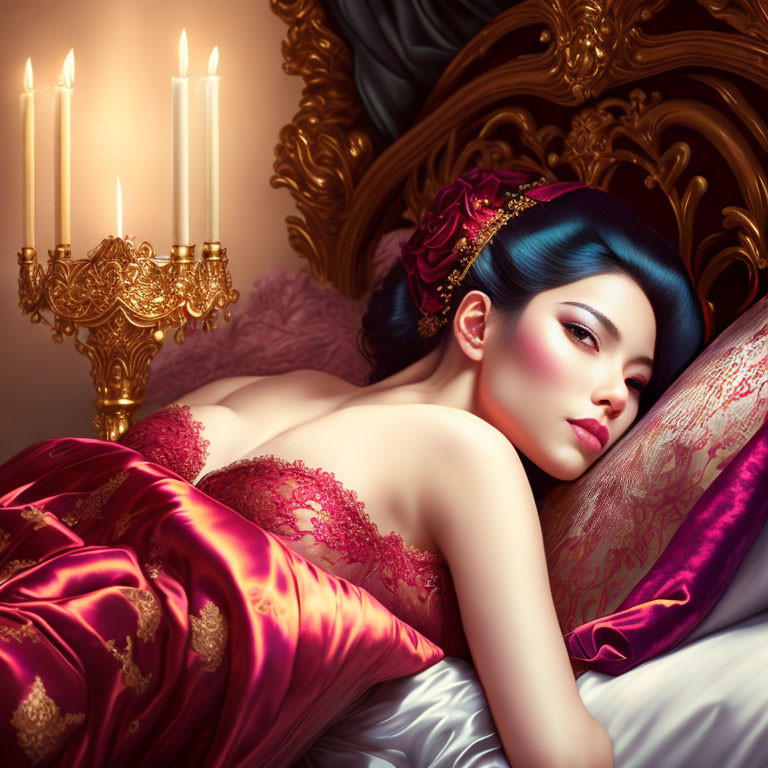 Blue-haired woman in red gown on bed with lit candlestick in opulent room