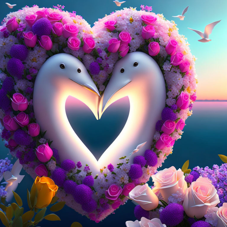 Swans forming heart shape with flowers in sunset ocean scene.