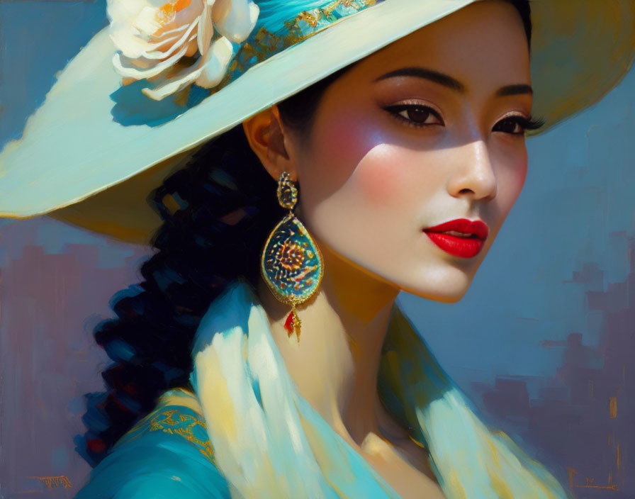 Portrait of a Woman in White Hat and Blue Traditional Outfit