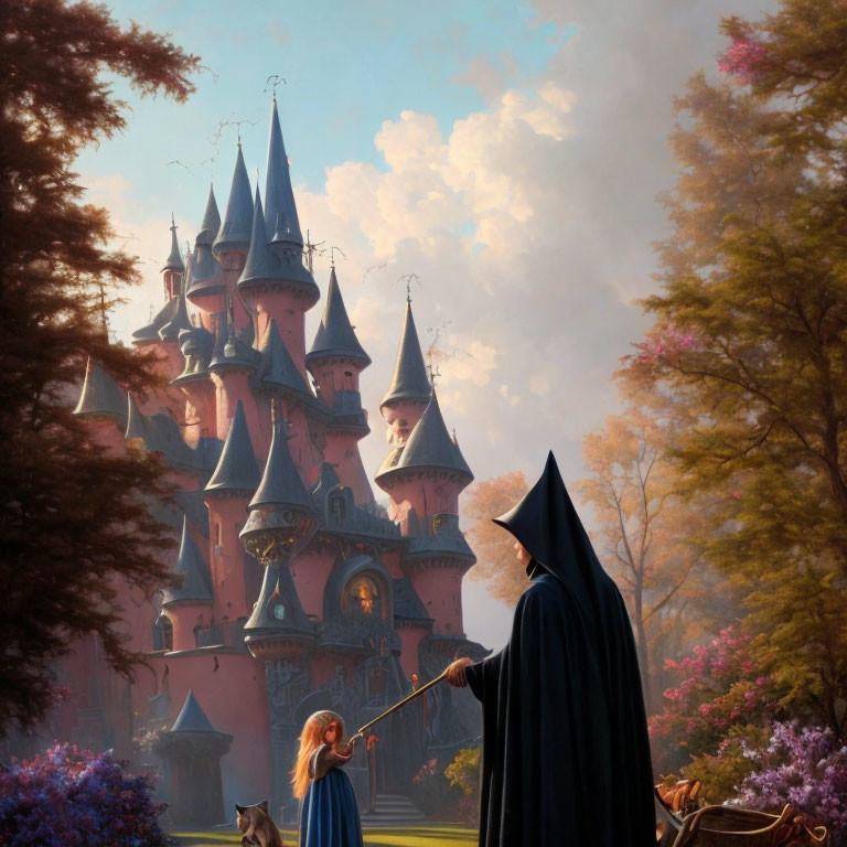 Cloaked figure with staff and blonde child by fairytale castle in blooming tree setting