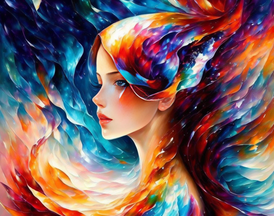 Colorful digital artwork of woman with fiery nebula hair in blues, oranges, and reds