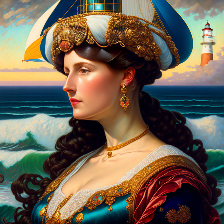 Portrait of woman in gold-trimmed naval hat, red & blue gown, with lighthouse &