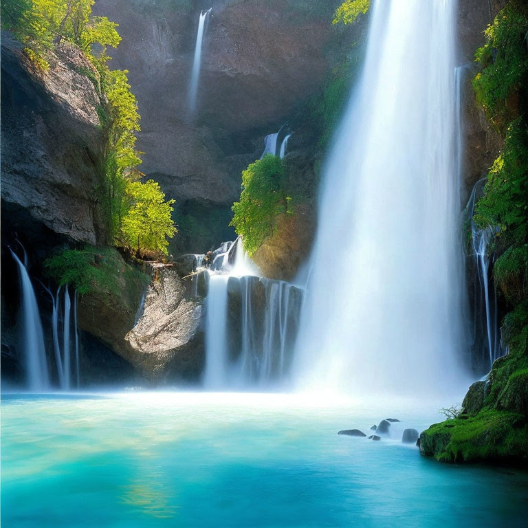 Majestic waterfall flowing into serene turquoise pool amid lush greenery