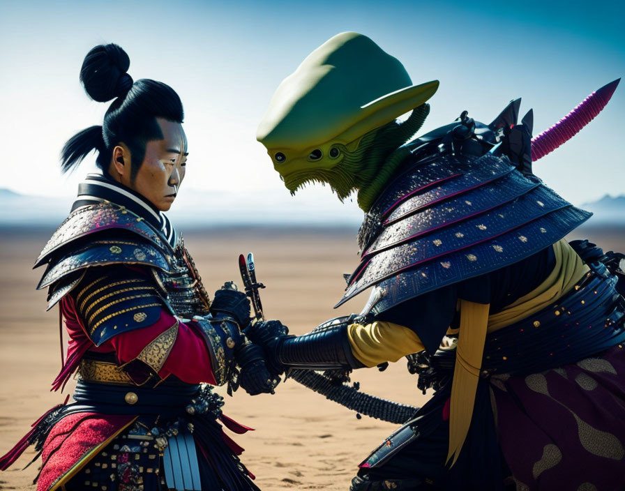 Samurai in ornate armor confronts alien creature in desert setting