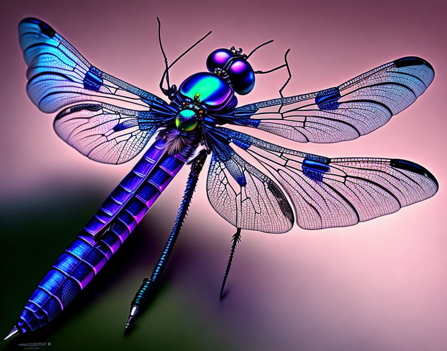 Detailed close-up of iridescent dragonfly wings on pink background