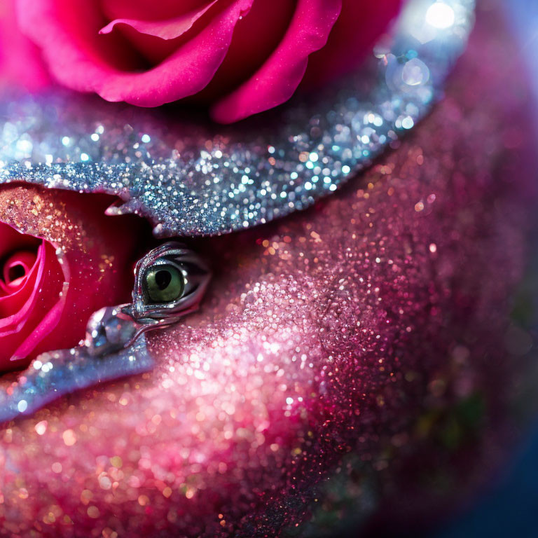 Glitter-covered face with pink roses and single eye portrait.