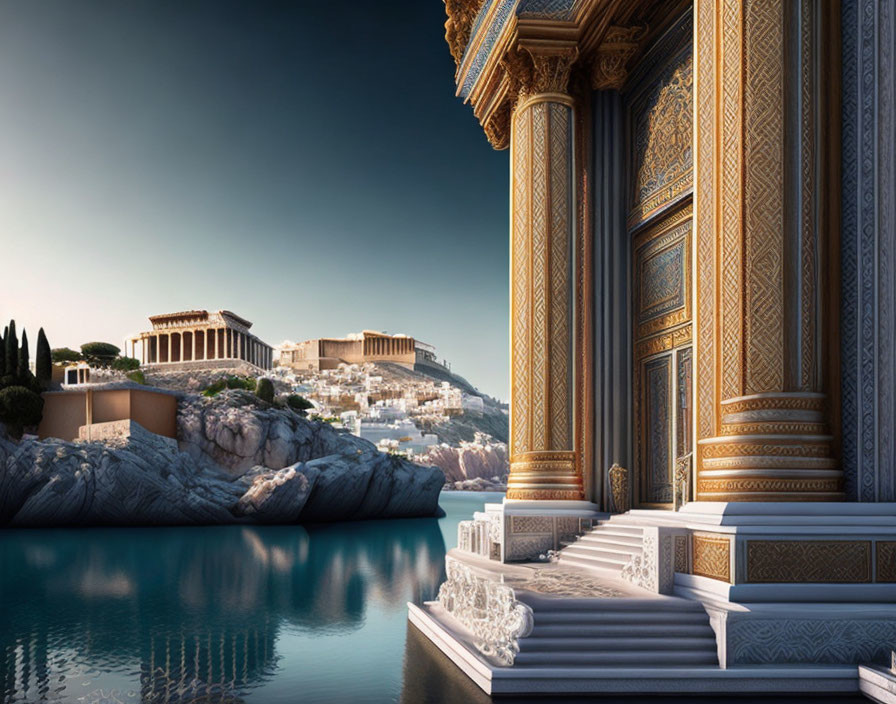 Digital Art: Classical Architecture and Tranquil Sea Scene