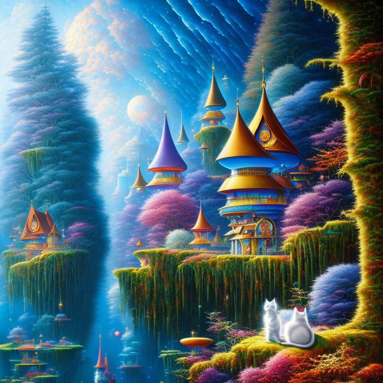 Fantasy landscape with towering trees, castles, and white cat under starry sky