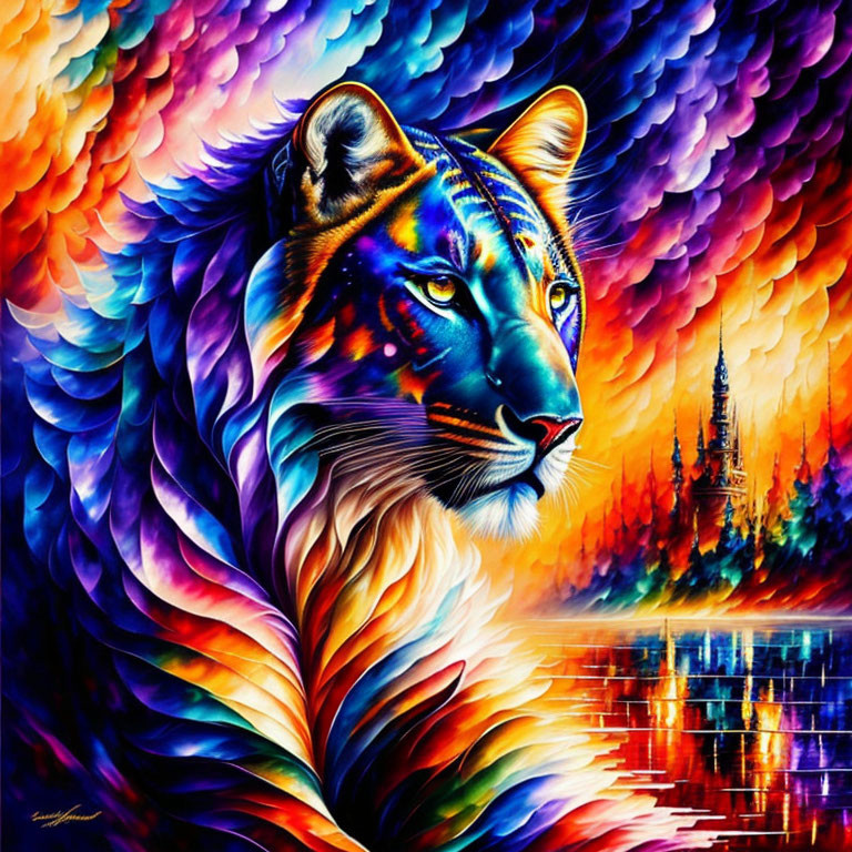 Colorful Lion Artwork on Psychedelic Background with Reflective Water