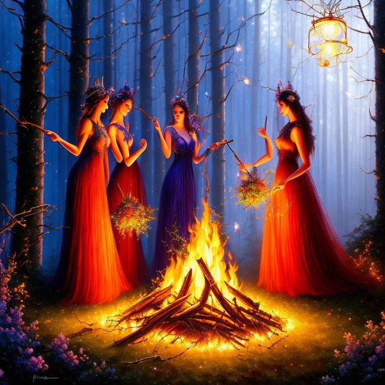 Four women in vibrant dresses with flower crowns perform a ritual around a bonfire in an enchanted forest