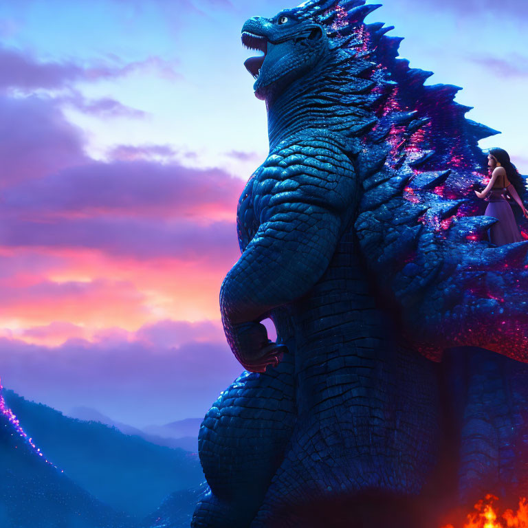 Giant Godzilla with person on shoulder in twilight landscape