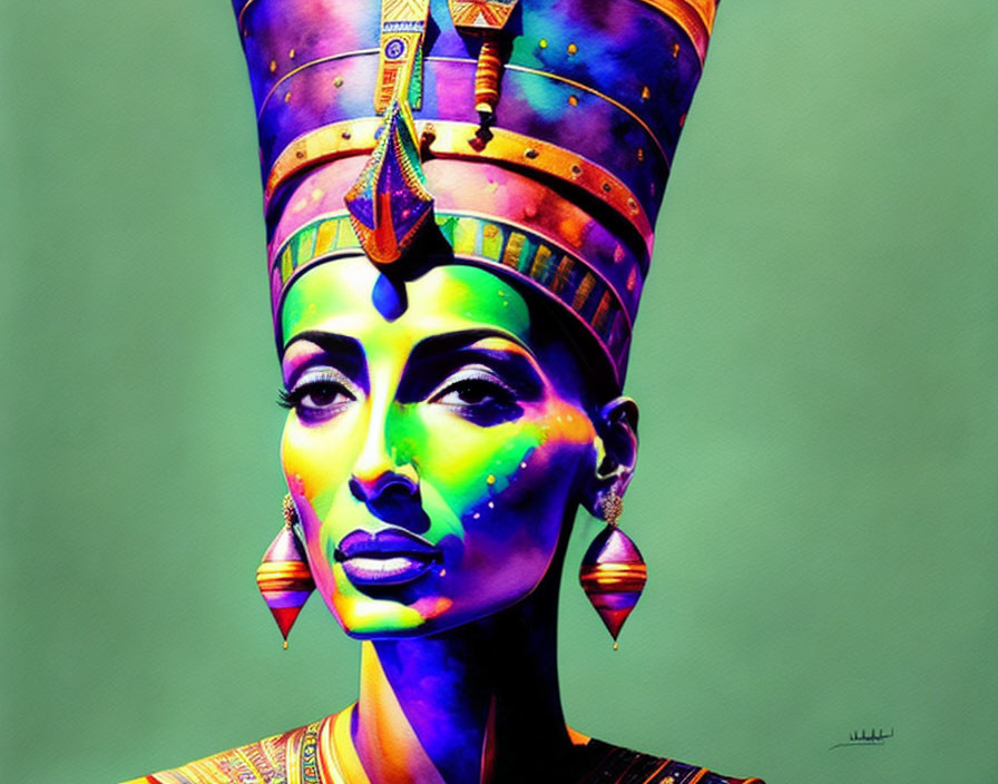 Vibrant portrait of a woman as Egyptian Queen Nefertiti with tall headdress and jewelry