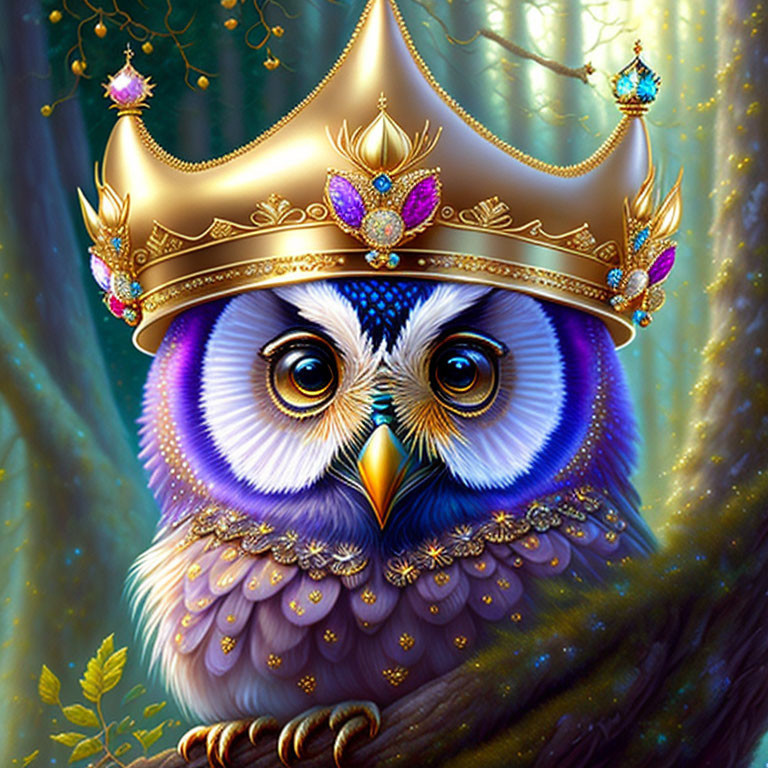 Colorful Owl with Golden Crown in Enchanted Forest