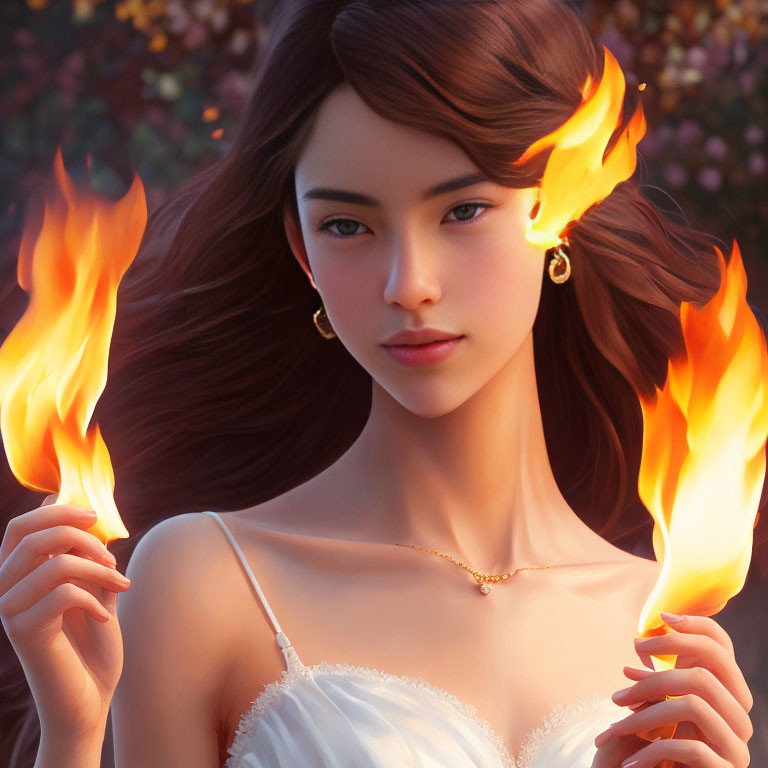 Digital artwork: Woman with fire hair, gold accessories, white dress, on floral backdrop