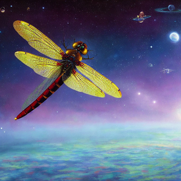 Colorful Dragonfly Illustration in Surreal Outer Space with Nebulas and Planets