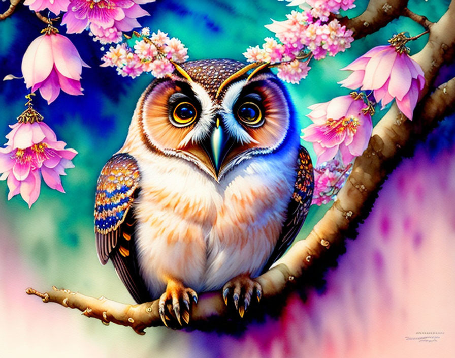 Colorful Owl Illustration Perched on Branch with Pink Flowers