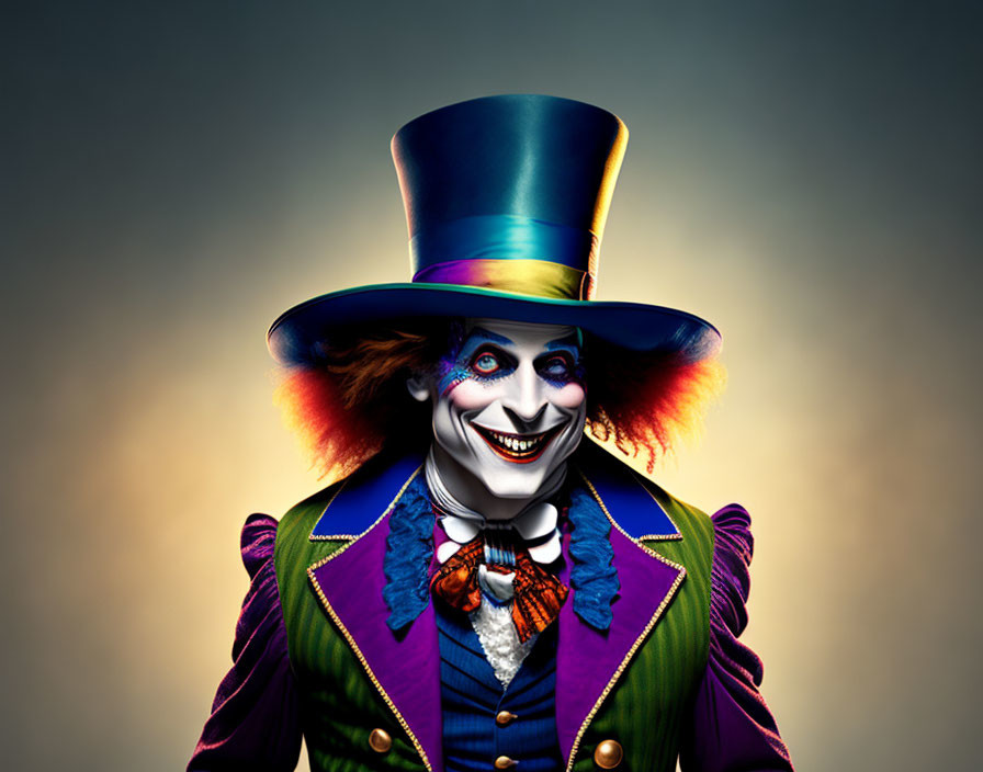 Colorful character in blue top hat & violet coat on dark backdrop