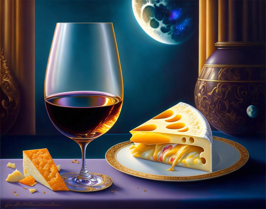 Still life composition: wine glass, melty cheese, golden vase, moon and planets.