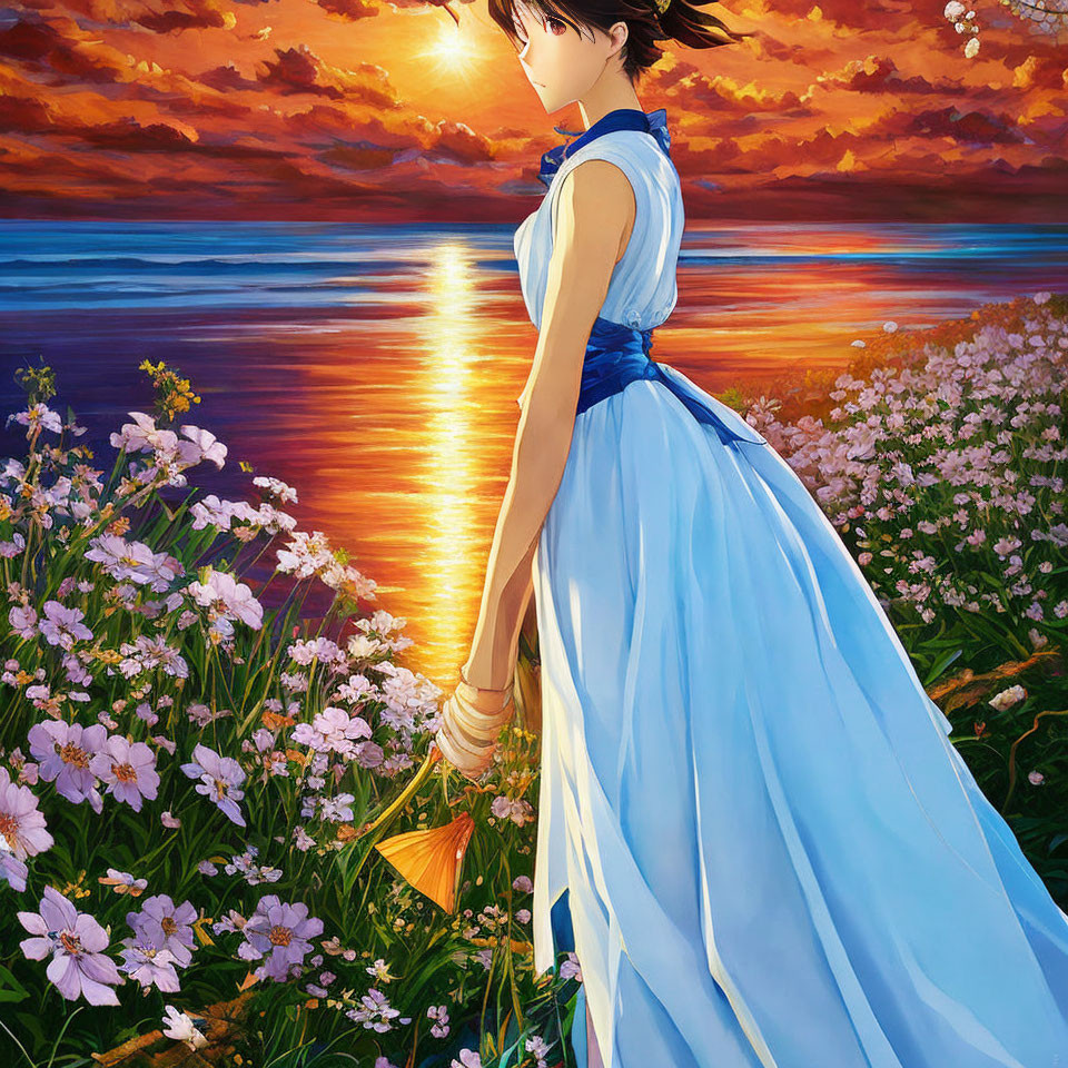 Anime-style girl in blue dress with lamp by sea at sunset.