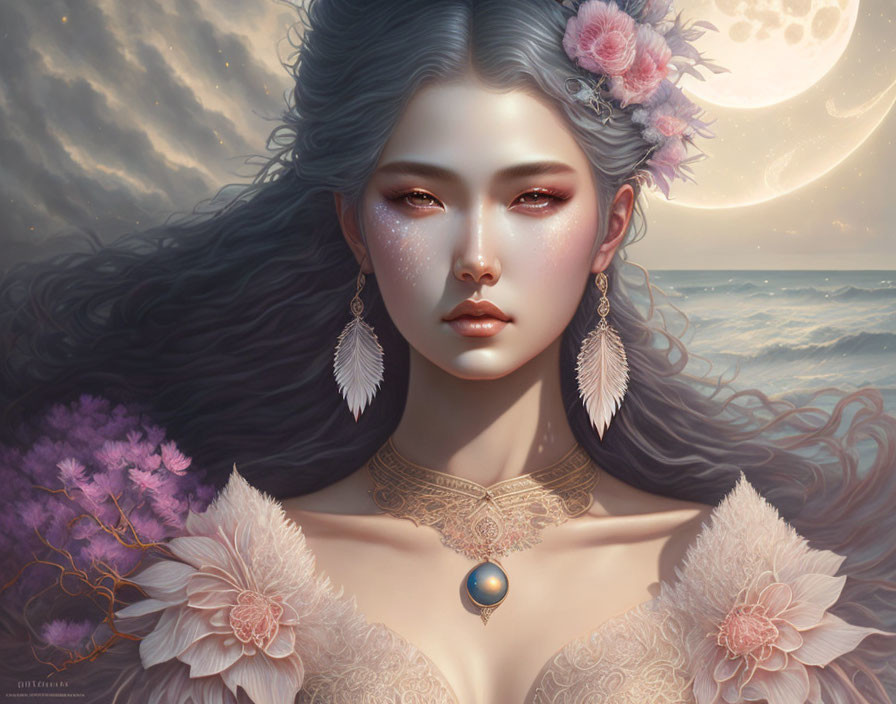 Dark-haired woman with pink flowers and feather earrings under moonlight by the sea