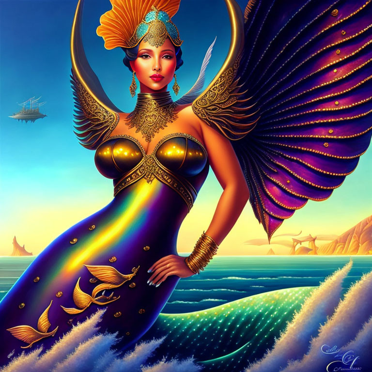 Fantasy illustration of winged woman in golden attire with fish motifs on seascape background