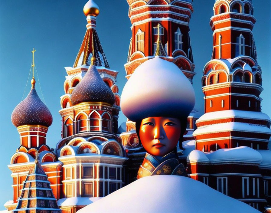 Russian-themed digital artwork: Matryoshka doll and Saint Basil's Cathedral domes.