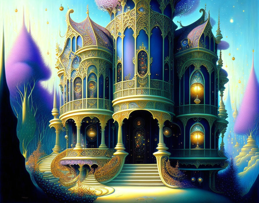 Fantasy-style palace with peacock motifs and golden accents in dreamlike setting