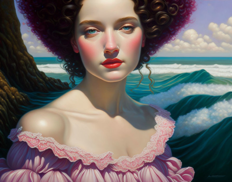 Curly-haired woman in pink dress with seascape background