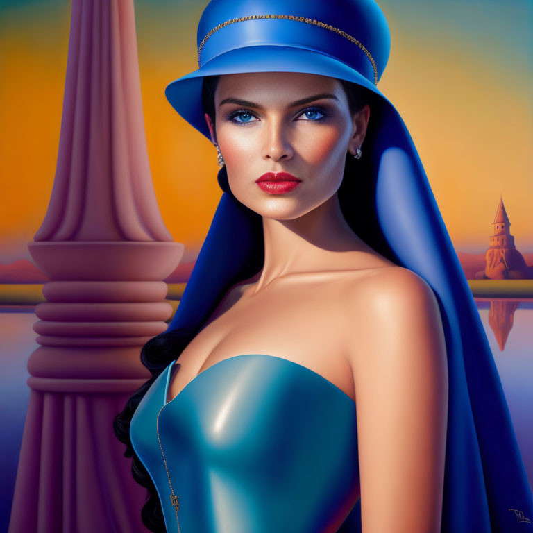 Digital painting of a woman with blue eyes in blue hat and dress against sunset backdrop with classical columns