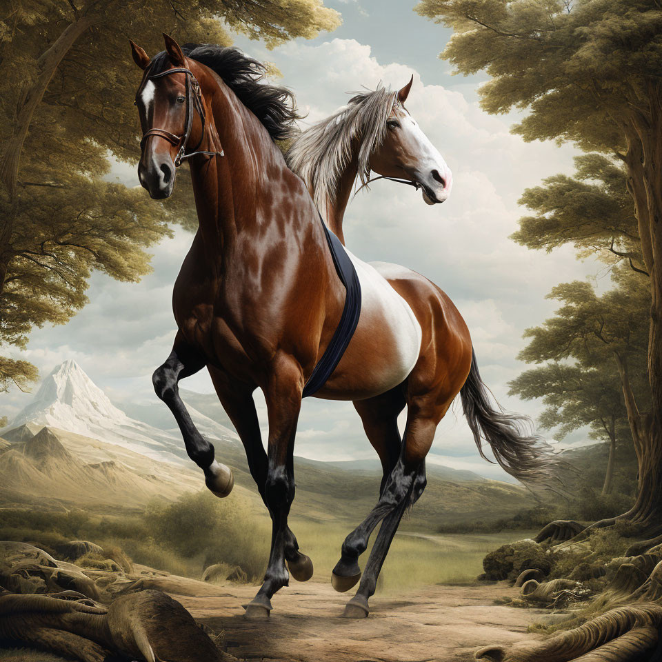 Majestic horses galloping in serene landscape with trees and mountain