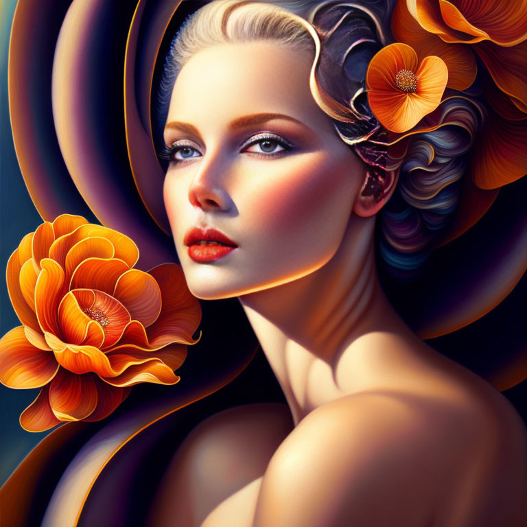 Digital portrait of woman with orange flowers and swirls, dramatic lighting.