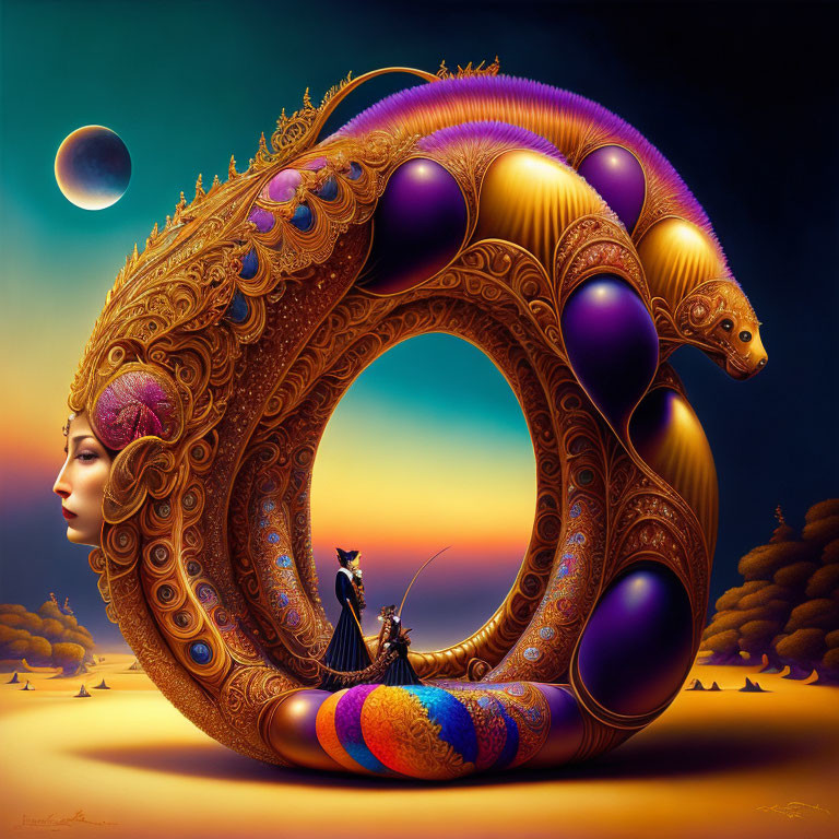 Surreal artwork: large ring, woman's face, weasel-like creature, small figure in