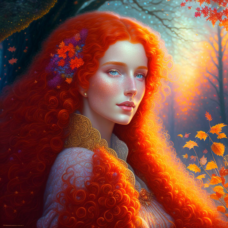 Digital Artwork: Woman with Red Hair and Autumn Leaves in Mystical Forest