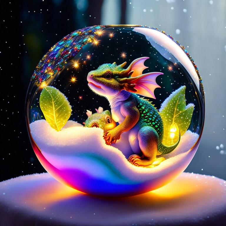 Fantasy dragons in snow globe with starry night background