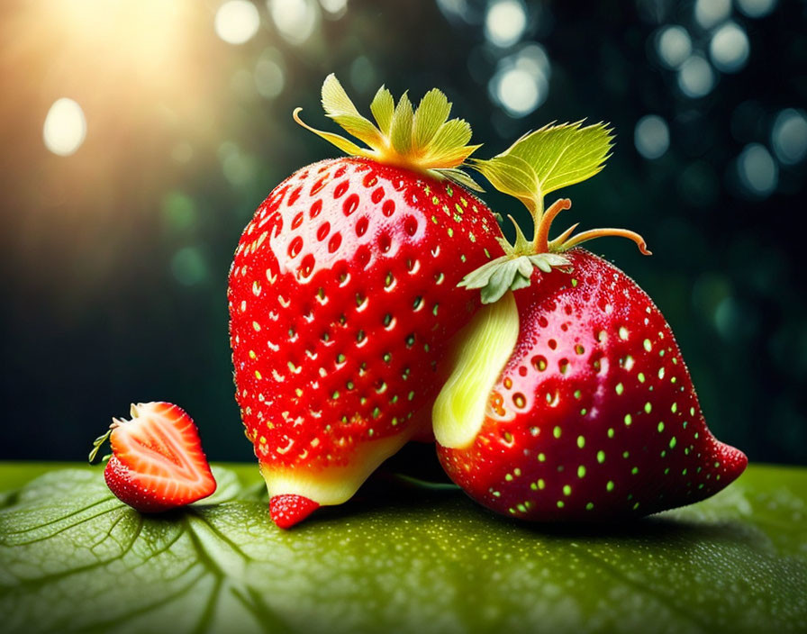 Fresh ripe strawberries with green leaves and a slice on wet leaf, sunlight.