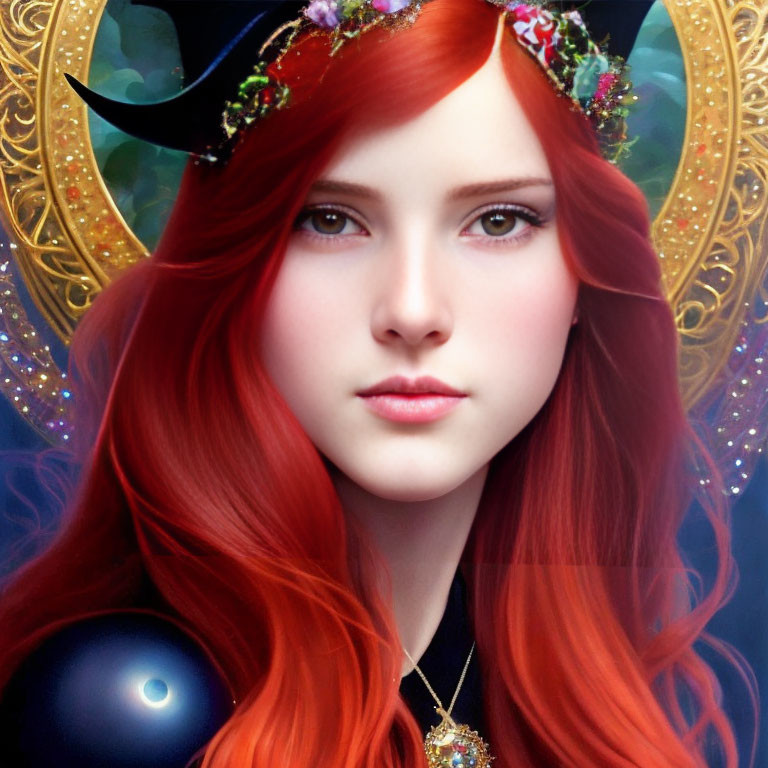 Fantasy female character with red hair and horn in mystical setting