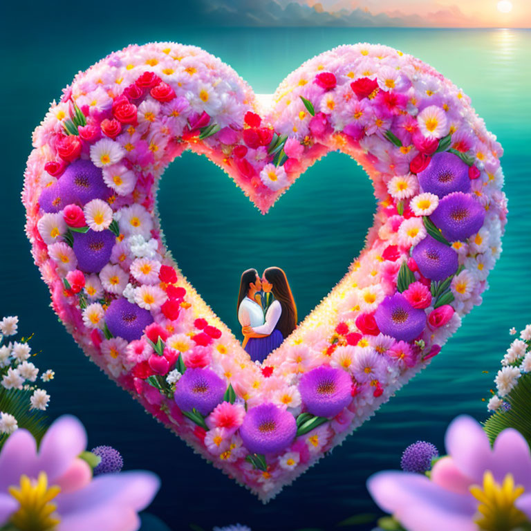 Couple Embracing in Heart-Shaped Floral Arrangement on Blue Sea at Sunset