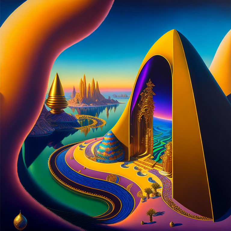 Colorful surreal landscape with flowing shapes, reflective water, and fantastic architecture.