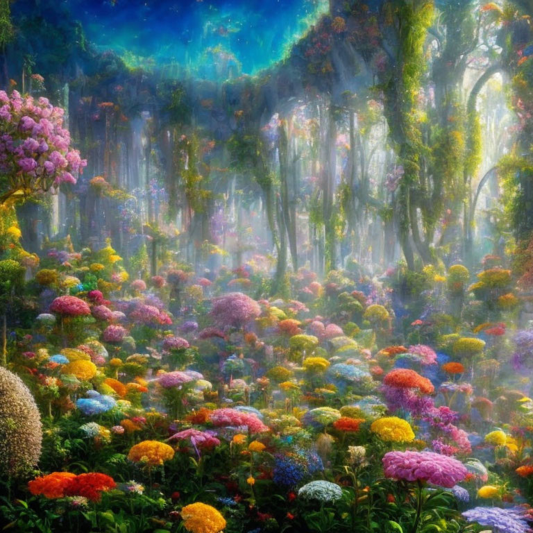 Vibrant forest with blooming flowers under ethereal light beams