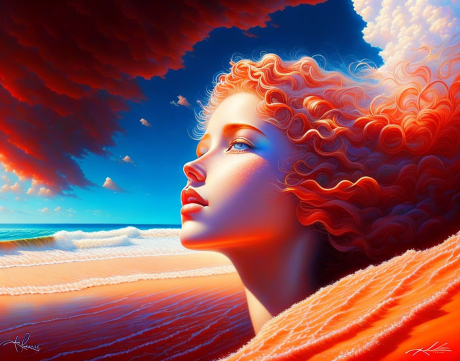 Colorful artwork of woman with red hair in profile against beach scene & vibrant clouds.