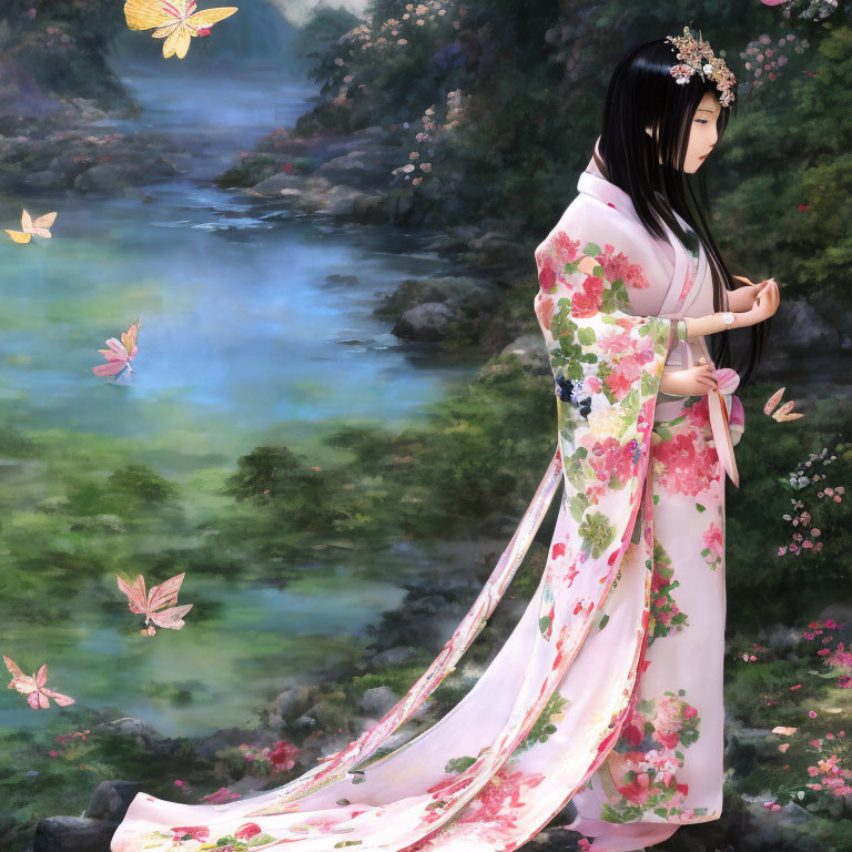 Woman in Floral Kimono Contemplating by Stream with Butterflies