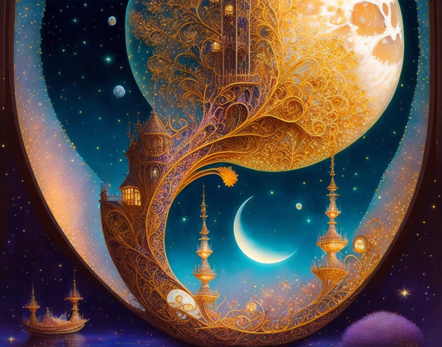 Fantasy artwork: Ornate celestial structures under crescent moon