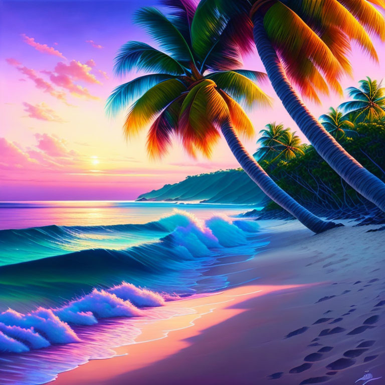 Colorful sunset beach scene with palm trees and rolling waves