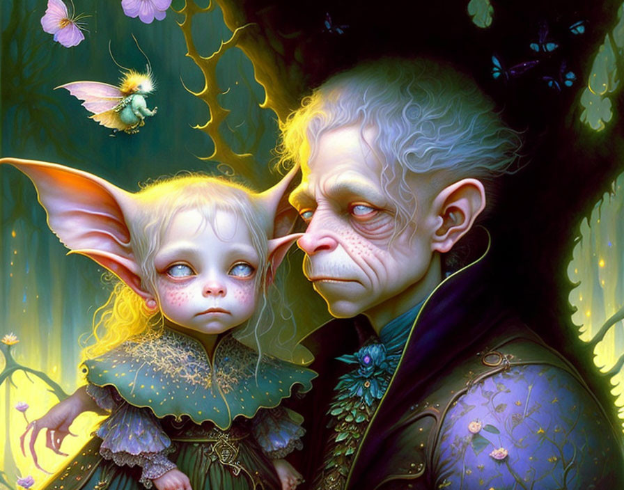 Fantasy illustration of young girl with large ears and elderly goblin in enchanting forest.