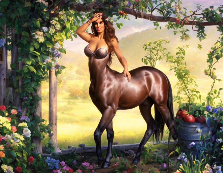 Centaur with female upper body in vibrant garden setting