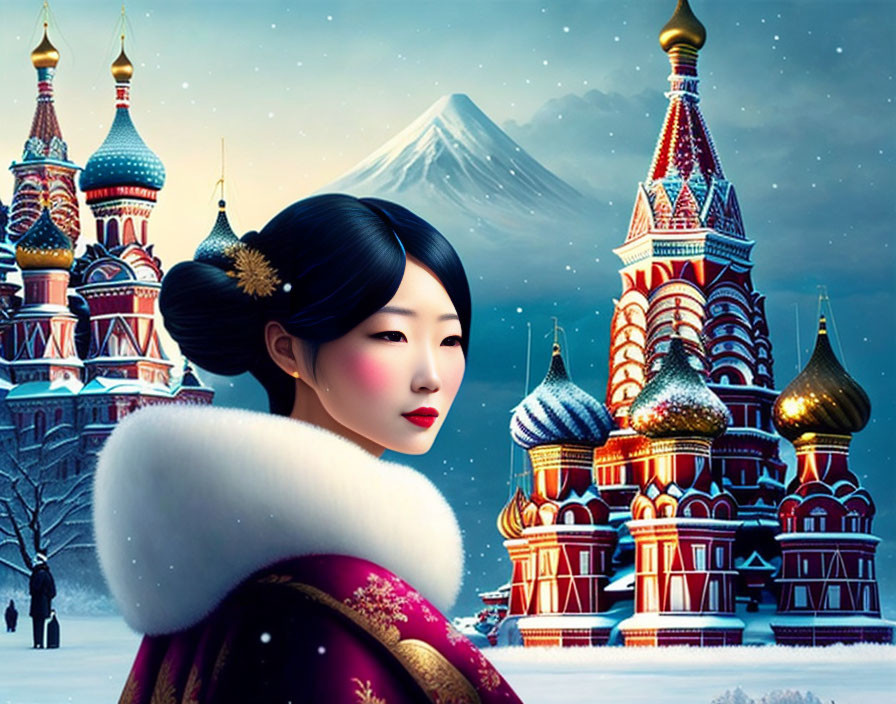 Digital artwork: East Asian woman in traditional attire with St. Basil's Cathedral and Mount Fuji in snowy